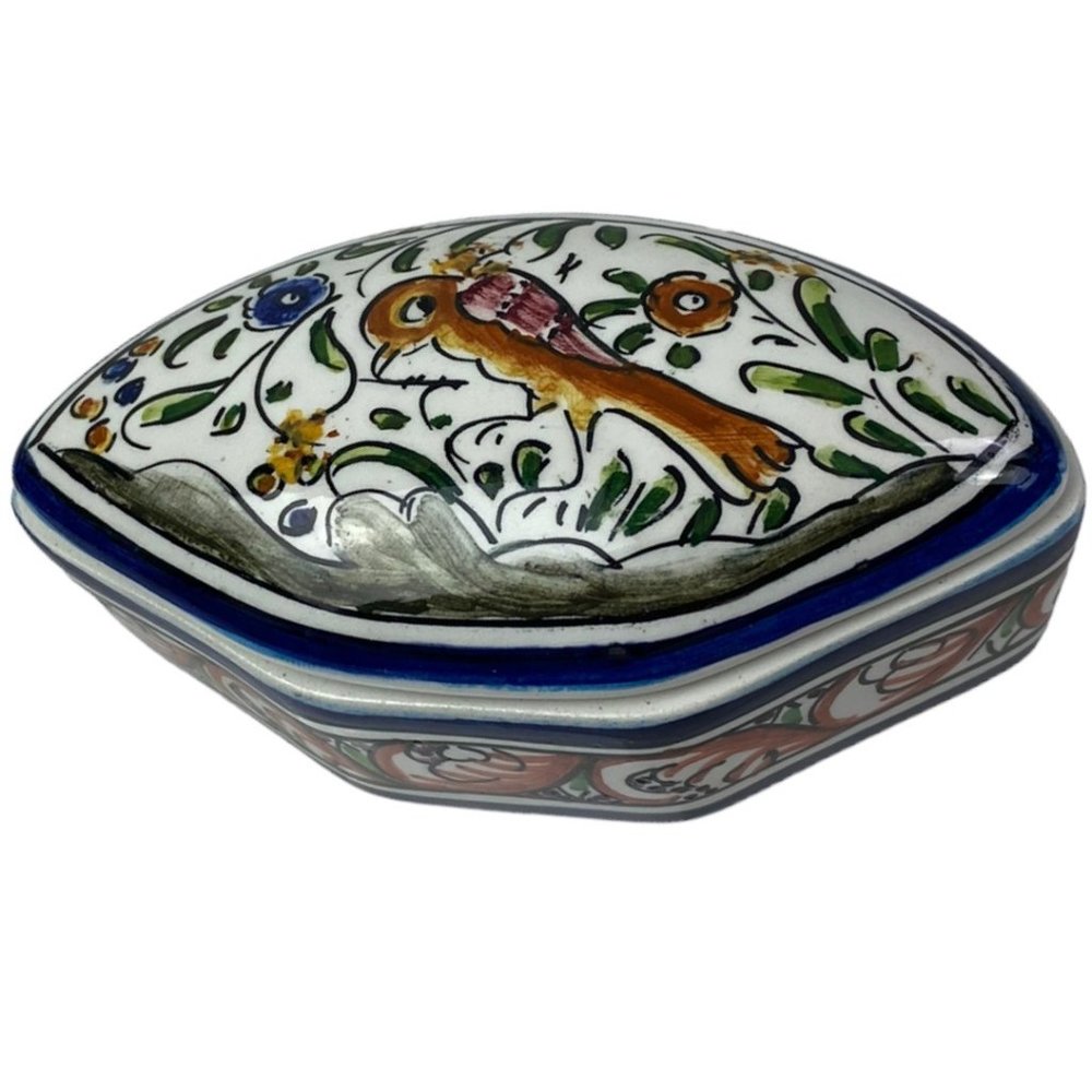 Vintage Hand Painted Portuguese Bird Porcelain Pill Trinket Dish Floral Design